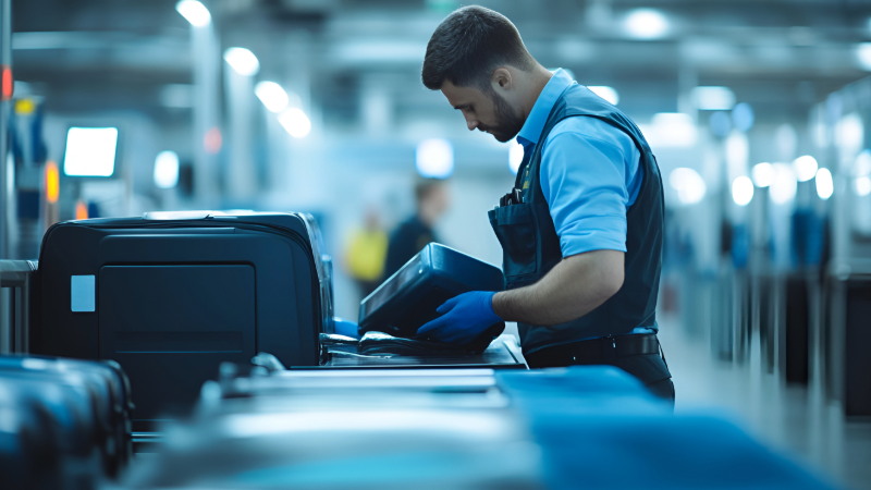 Agente della dogana che controlla un bagaglio in aeroporto